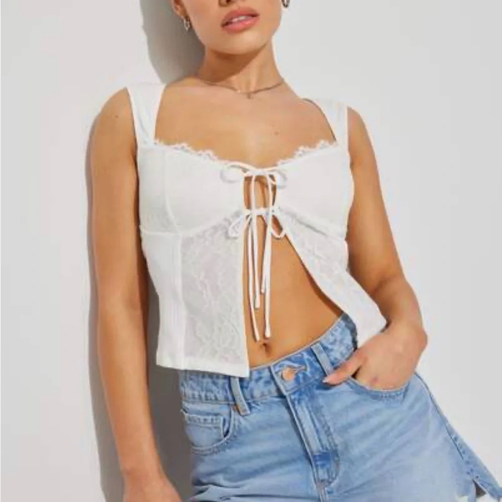 Garage White Lace-Up Crop Top - Picture 5 of 5